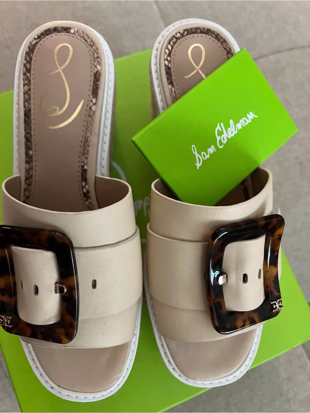 Sam Edelman Neutral Beige Slide Mules with Tortoiseshell Buckle